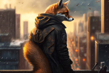 Sticker - Image of fox in leather jacket looking out over cityscape. Generative AI.