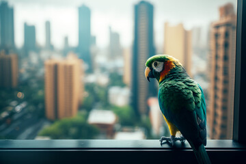 Wall Mural - Colorful parrot perched on window sill in front of cityscape. Generative AI.