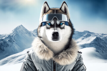 Canvas Print - Husky dog wearing winter coat and goggles in front of snowy mountain. Generative AI.