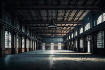 Canvas Print - Empty warehouse with lots of windows and light hanging from the ceiling in the middle of the room. Generative AI.