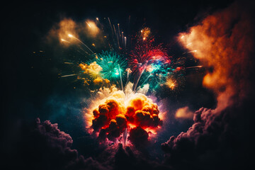 Canvas Print - Bunch of fireworks that are in the sky with some clouds in front of them. Generative AI.