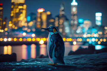 Poster - Penguin is standing on ledge in front of cityscape at night. Generative AI.