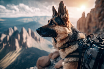 Sticker - Dog with harness on sitting on top of mountain looking off into the distance. Generative AI.