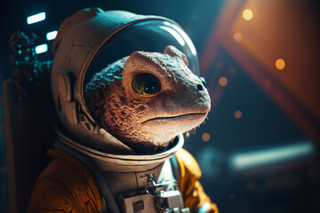 Wall Mural - Close up of lizard in space suit with light in the background. Generative AI.