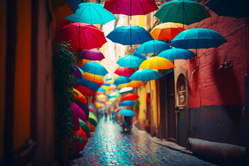 Canvas Print - Group of people walking down street with umbrellas hanging from the side of buildings. Generative AI.