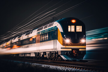 Poster - Train on train track with power lines above it and dark sky in the background. Generative AI.