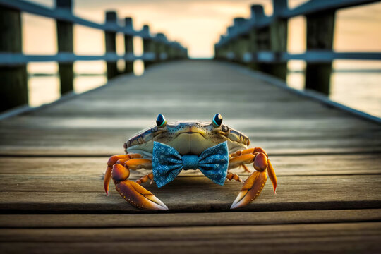 crab with blue bow tie and blue bow tie on it's head. generative ai.