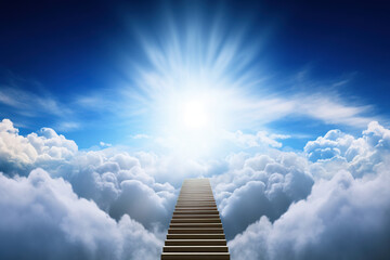 Wall Mural - Stairway to heaven. generative ai. Stairway through the clouds to the  heavenly light