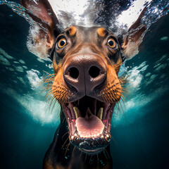 Poster - Dog with its mouth open under water. Generative AI.