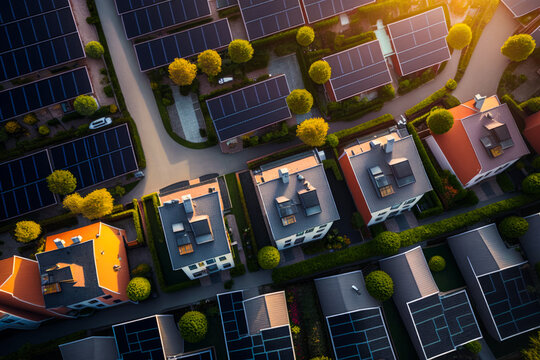 An aerial view of residential neighborhood with solar panels. Generative AI.
