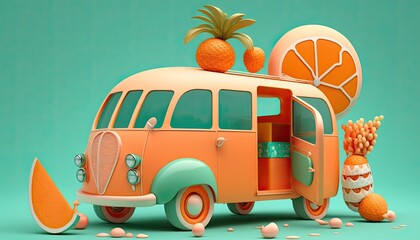 Wall Mural - A Lively Summer Getaway: Orange Car with Exotic Accessories on a Tropical Green Background: Generative AI