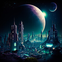 Poster - An image of futuristic city at night. Generative AI.