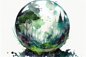 Wall Mural - Watercolor Illustration of a Glass Marble Sphere Earth In A Forest Background, Illustration Digital Design Art Style. Generative AI