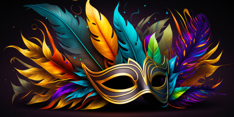 Poster - Colorful carnival mask with feathers on black background. Generative AI.