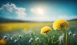  two dandelions in a field with the sun in the background.  generative ai