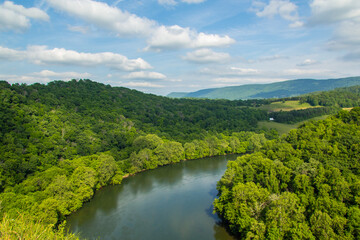 Looking out over the New river in Blacksburg, Virginia with the blue ridge Mountains in the background.