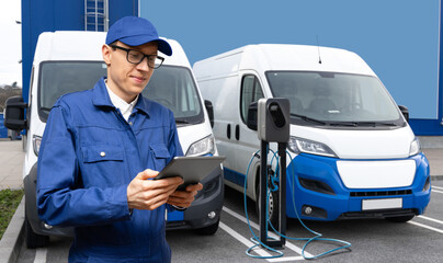 Poster - A man with a digital tablet stands next to electric delivery vans at electric vehicle charging station	