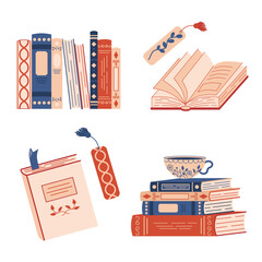 Various paper books, books lying in various positions, standing on shelves, open, closed, a cup with a hot drink. Hand drawn flat illustration of books.