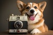 Happy dog with retro photo camera, studio portrait. Generative ai illustration.