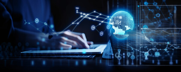 Poster - a businessman is working with a laptop that displays a business graph and the digital investment eco