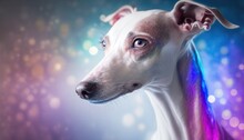 Italian Greyhound Dog Medium Shot White Pink Blue Magical Fantasy Bokeh. Generative AI