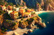 A quaint Mediterranean village perched on a cliff side, overlooking the sparkling sea