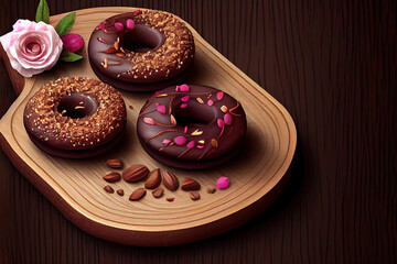 Wall Mural - Sweet pink donut decorated with sprinkles on wooden board. Generative Ai