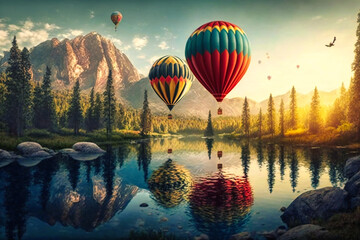 Wall Mural - Colorful hot air balloons dotting the sky, floating gracefully above a sunlit summer landscape