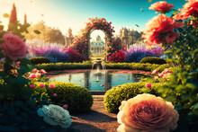 A Fragrant Rose Garden In Full Bloom, Boasting A Kaleidoscope Of Colors Under The Summer Sun