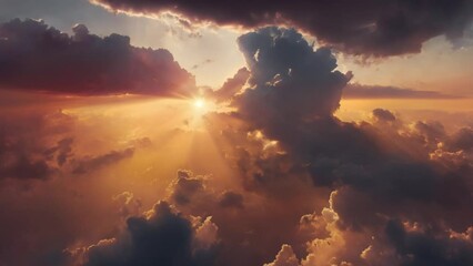 Wall Mural - an aerial shot above beautiful sunset clouds with sun shining on horizon, detailed picturesque view,