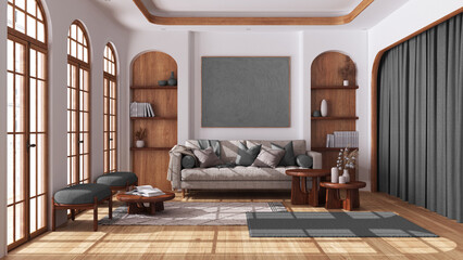 Wall Mural - Modern wooden living room with parquet and arched windows. Fabric sofa, carpets and armchairs in white and gray tones. Boho style interior design