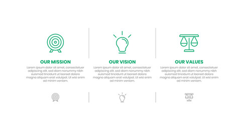 Mission, Vision and Values of company with text. Company infographic Banner template. Modern flat icon design. Abstract icon. Purpose business concept. Mission symbol illustration. Abstract eye. 