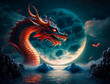 A magical red Chinese traditional dragon on the background of a blue sky and a blue glowing moon.