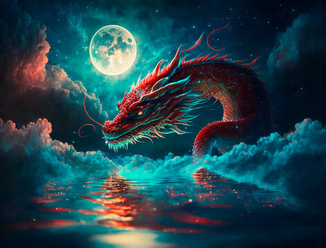 A magical red Chinese traditional dragon on the background of a blue sky and a blue glowing moon.