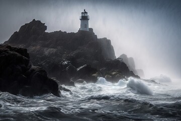 Poster -  a lighthouse on a rocky outcropping in the ocean on a stormy day with a light house in the distance and a storm coming in the distance.  generative ai