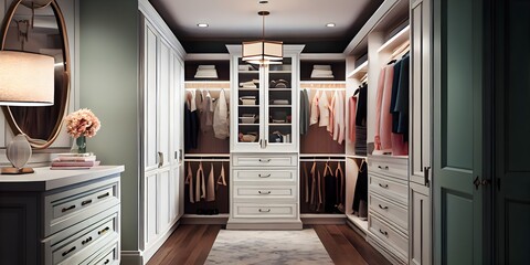 walk-in closet with custom cabinetry, vanity area, and impeccable details, generative ai