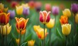  a field of colorful tulips with a blurry background of green grass and yellow and red flowers in the foreground, with a black border.  generative ai
