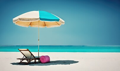  a beach chair under an umbrella on the beach with a pink ball in the sand below it and a blue sky above it, and a bright blue ocean in the background.  generative ai