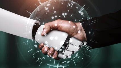 Poster - 3d rendering hominoid robot handshake to collaborate future technology development by ai thinking br