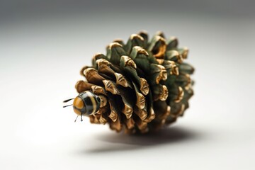 Poster - Isolated pine cone on a white background with a tiny green bug. Macroscopic photography. Generative AI