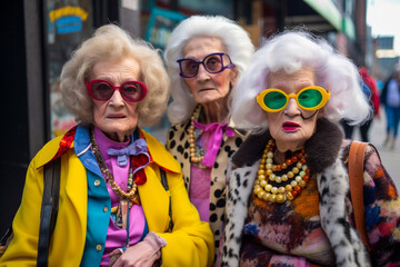 Wall Mural - Three senior citizen mature women friends outside wearing colorful and fun fashion in the city together. generative AI friendship