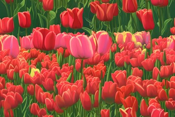 Wall Mural - Tulip Tapestry: Repeating Pattern Inspired by a Colorful Field of Blooming Tulips - Seamless Tile Background, Tiling Landscape, Tileable Image, repeating pattern