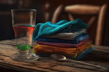 Wall Mural - a stack of colorful napkins and a glass of water on a rustic wooden table, perfect for an afternoon tea, created with generative ai