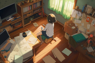 anime cute girl studying in her room, chill, cozy vibes