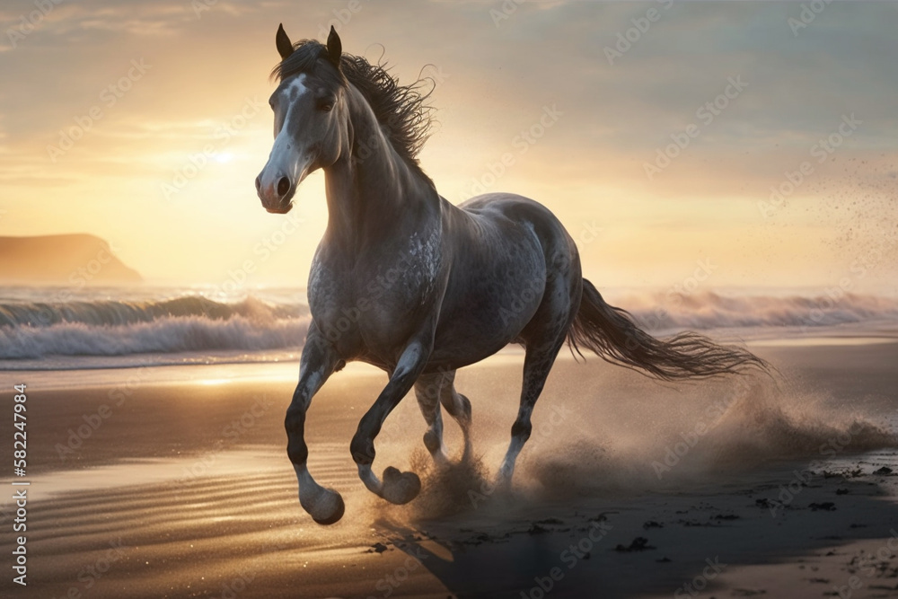 Beautiful Horse running on a beach at sunset. Stallion Running on the ...