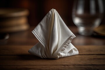 Wall Mural - a close-up shot of a neatly folded napkin on a wooden table, with the texture of the wood visible, created with generative ai