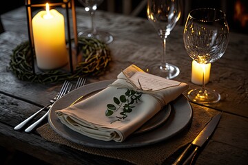 Canvas Print - a napkin placed on a wooden table with a candle in the background and other decor for a romantic dinner, created with generative ai