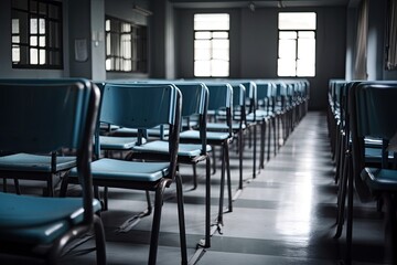 Canvas Print - Bangkok, Thailand, 10 11 2022 Roll of chairs in an empty classroom. Generative AI