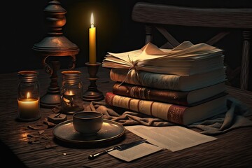 Canvas Print - a napkin on a wooden table next to a stack of books and candles in the middle of the night, created with generative ai