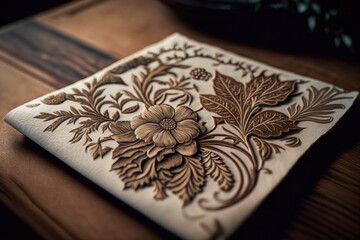 Poster - a close-up of a napkin on a wooden table with an intricate floral design., created with generative ai